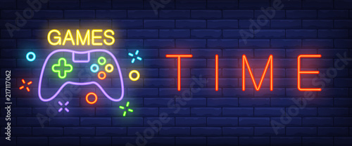 Games time neon text with gamepad. Technology and entertainment concept. Advertisement design. Night bright neon sign, colorful billboard, light banner. Vector illustration in neon style.