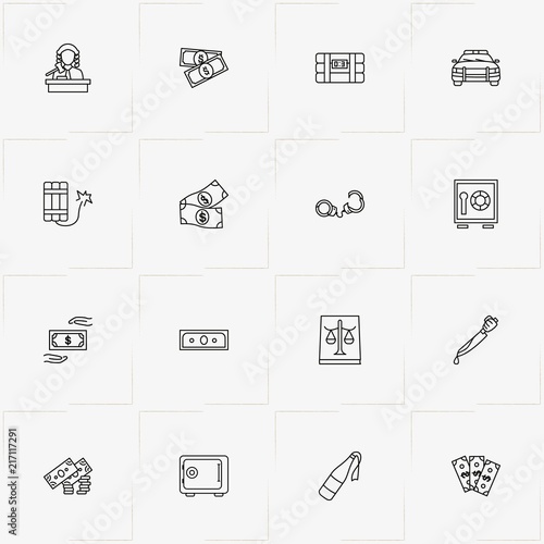 Criminal line icon set with money, safe and molotov cocktail