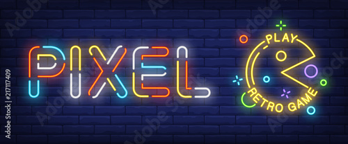 Pixel, play retro game neon text and character. Technology and entertainment concept. Advertisement design. Night bright neon sign, colorful billboard, light banner. Vector illustration in neon style.