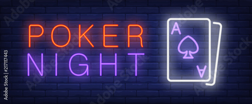 Poker night neon text with playing cards. Gambling and casino concept. Advertisement design. Night bright neon sign, colorful billboard, light banner. Vector illustration in neon style.