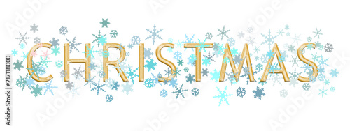 Christmas word written in gold metallic text style with turquoise blue and silver snowflakes, isolated on white. Ideal banner, header.