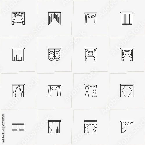 Curtains & Blinds line icon set with blinds and curtains