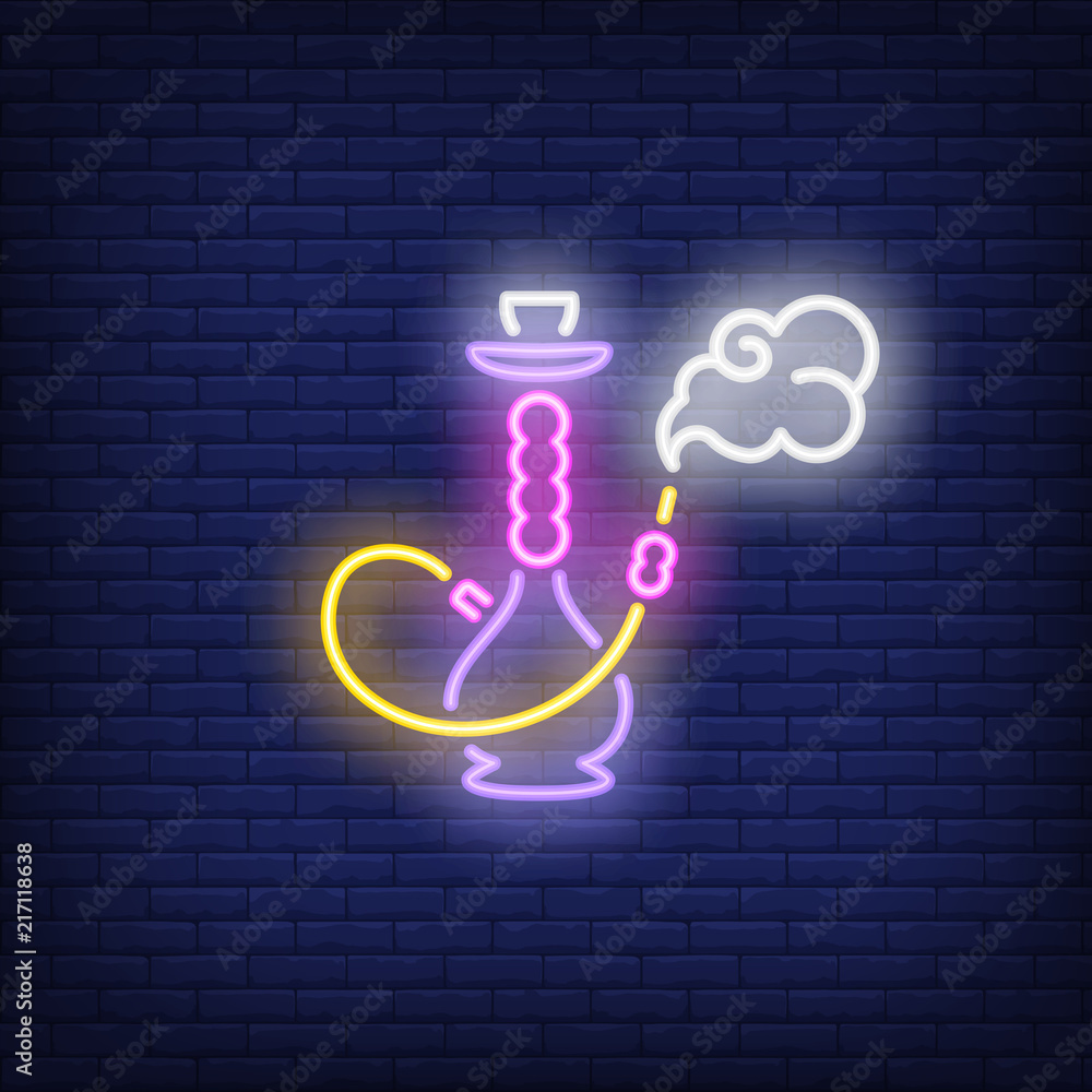 Neon icon of hookah with smoke on brick wall background. Smoking