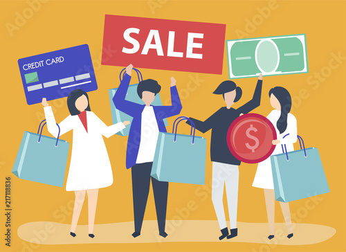 Characters of people holding shopping icons illustration