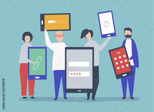 Characters of people holding giant digital devices illustration