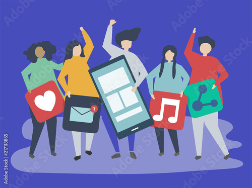 Characters of people holding social networking icons illustration