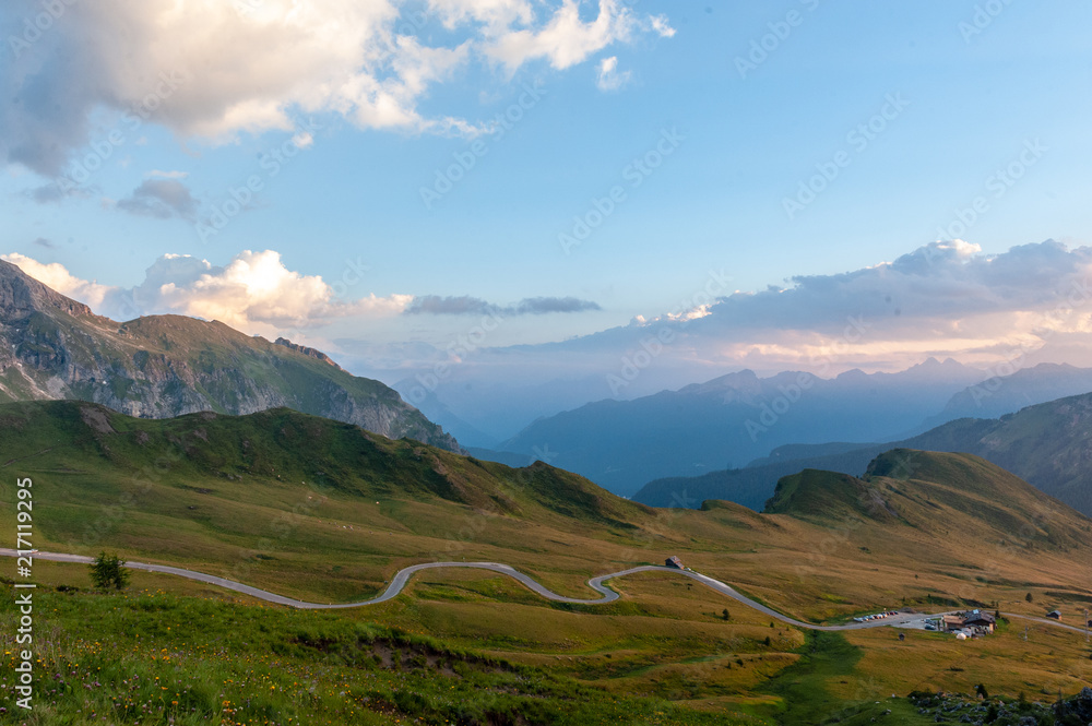 Sunset at the Passo di Giau, in the Italian Dolomites, on a late July evening.