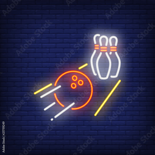 Bowling ball rolling on alley neon sign. Heavy ball throwing pins. Night bright advertisement. Vector illustration in neon style for game and entertainment