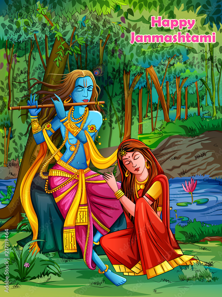 Lord Krishna playing bansuri flute with Radha on Happy Janmashtami holiday  festival background Stock Vector | Adobe Stock