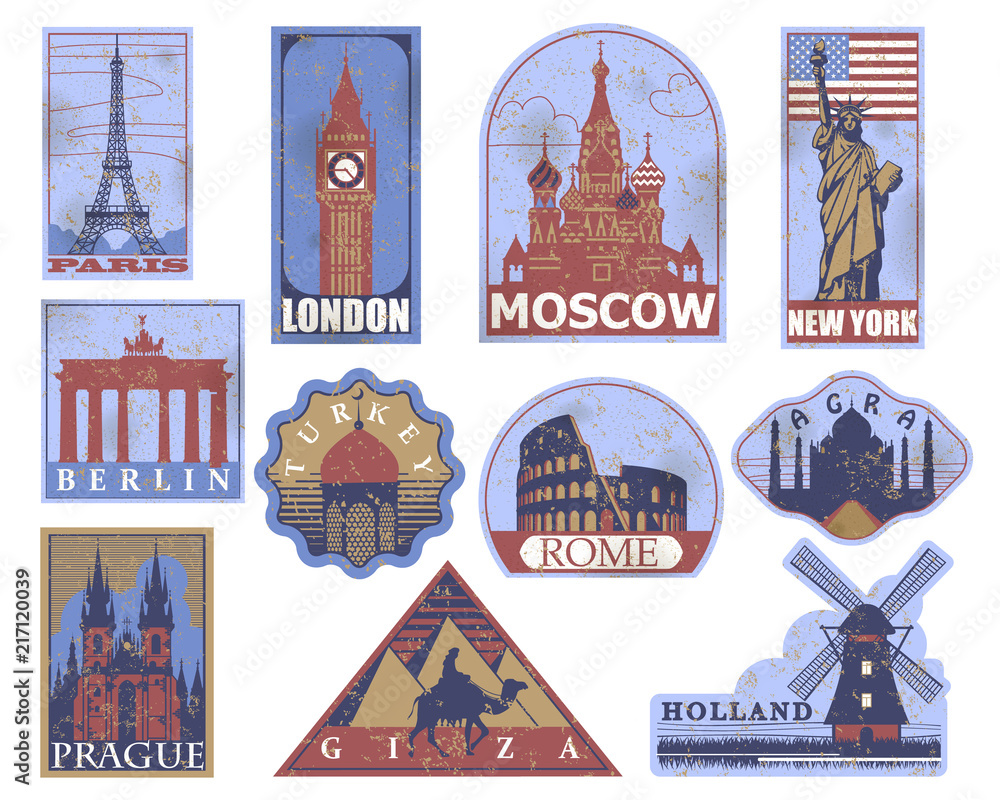 Vintage paper landmarks travel labels. Stickers of travel ...