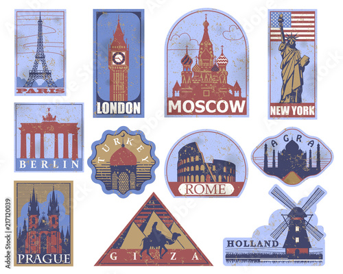 Vintage paper landmarks travel labels. Stickers of travel: Paris, London, New York, Moscow, Berlin, Rome, Agra, Prague, Holland, Giza, Turkey.