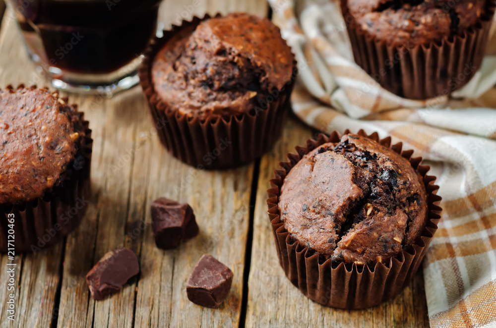 Chocolate chips oats chocolate muffins with coffee Chocolate chips oats chocolate muffins with coffee