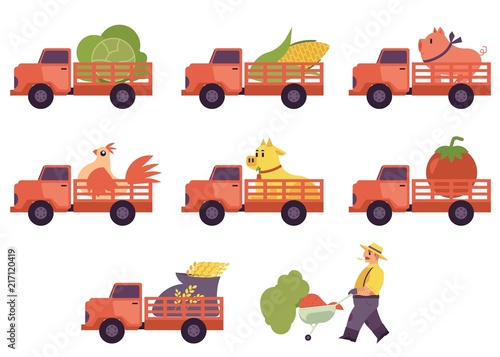 Flat farmer truck pickup delivering livestock animals farmer man with harvest food in cart set. Farming transportation and organic food. Vector isolated illustration
