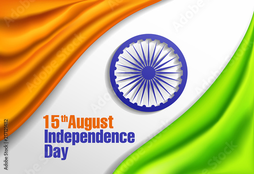 Greeting background for Independence Day of India with tricolor and Ashoka chakra wheel (spinning wheel). Vector illustration.