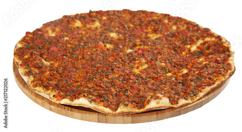 Turkish food lahmacun on white background 