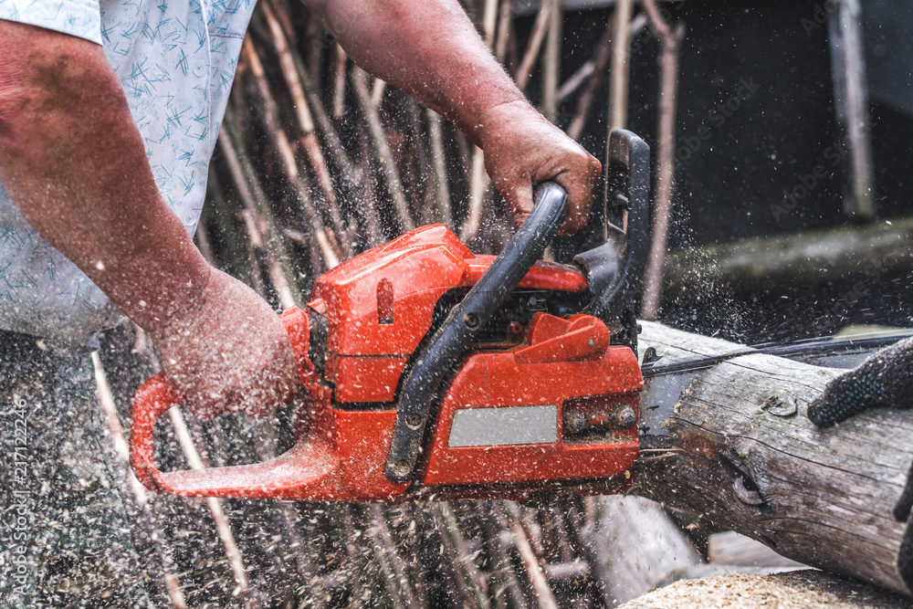 Cutting wood with electric saw Cutting wood with electric saw
