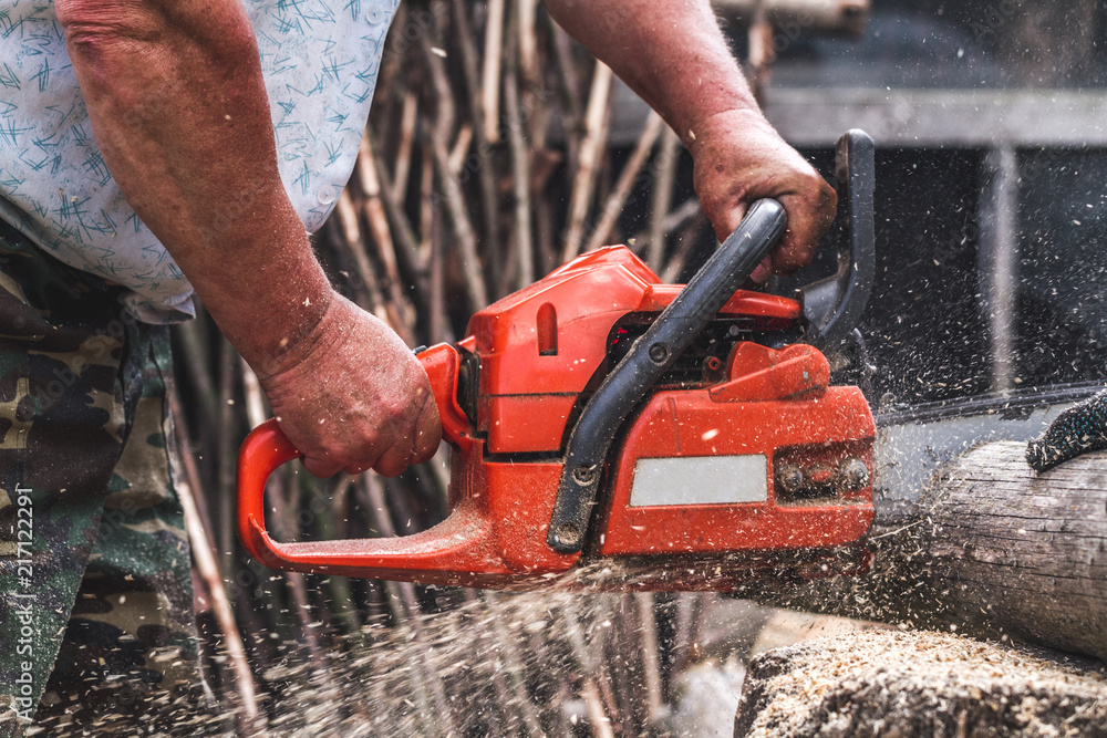 Cutting wood with electric saw Cutting wood with electric saw