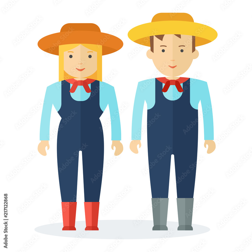 Farmer man and a woman. Characters on profession farm and local market. People in uniform and work wear, staff. Objects isolated on white background. Flat cartoon vector illustration.