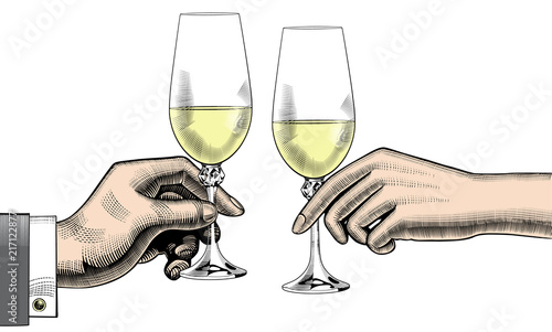 Men's and women's hands holding glasses of champagne. Wedding, ceremony, marriage. Vintage engraving stylized drawing. Vector illustration