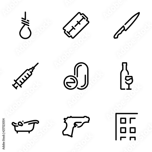 Set of black vector icons, isolated against white background. Illustration on a theme Methods of suicide