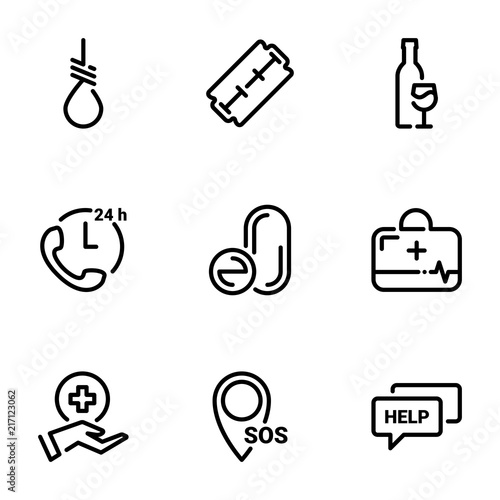 Set of black vector icons, isolated against white background. Illustration on a theme Help and rescue of people suffering from drug dependence, alcoholic. Psychological and medical assistance