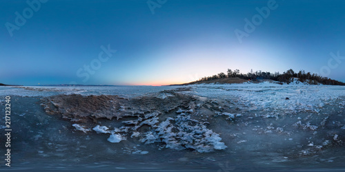 Dawn on a sandy beach on the island of Olkhon. Spherical 360 degree vr panorama