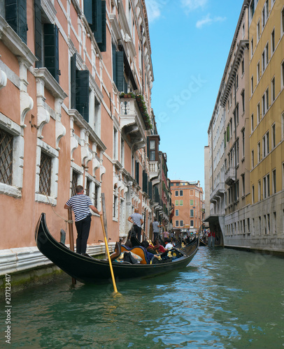 Venice,Italy-July 25, 2018: Traffic jam of Gondolas near S. Moise Gondola pier, Venice 