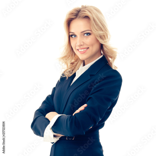 Full body portrait of happy smiling businesswoman