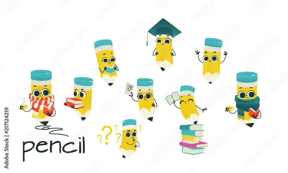 Cute pencil cartoon characters set with reading and studying office  elements isolated on white background - funny drawing supplies with smiling  faces for back to school concept in vector illustration. Stock Vector |