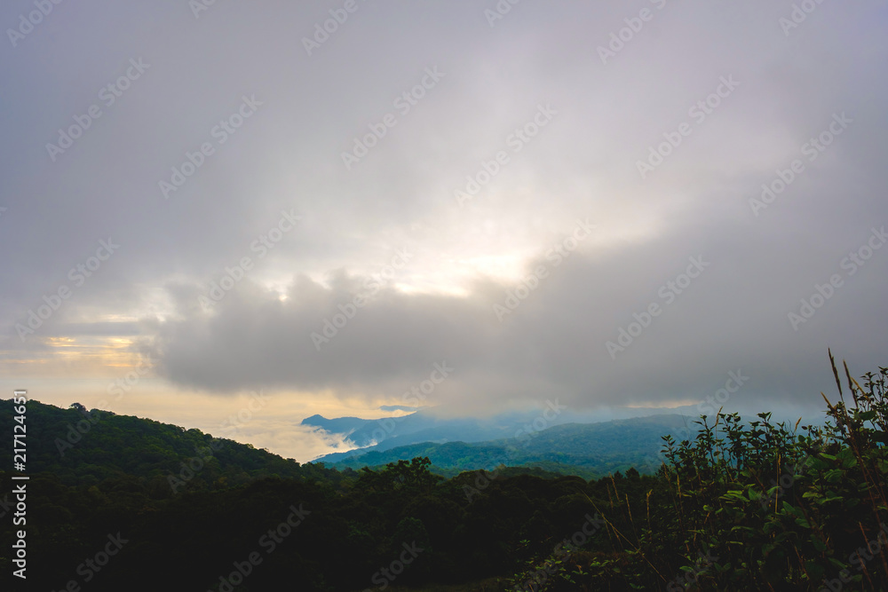 high mountains peaks range clouds in fog scenery landscape national park view outdoor  at Chiang Rai, Chiang Mai Province, Thailand