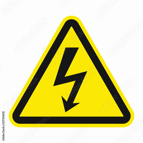 High Voltage Sign. Black arrow isolated in yellow triangle. Warning icon.