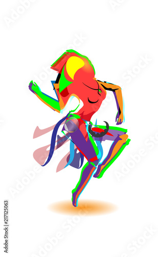 Multicolored abstraction with a dancing girl, colorful woman dancing. Vector white background