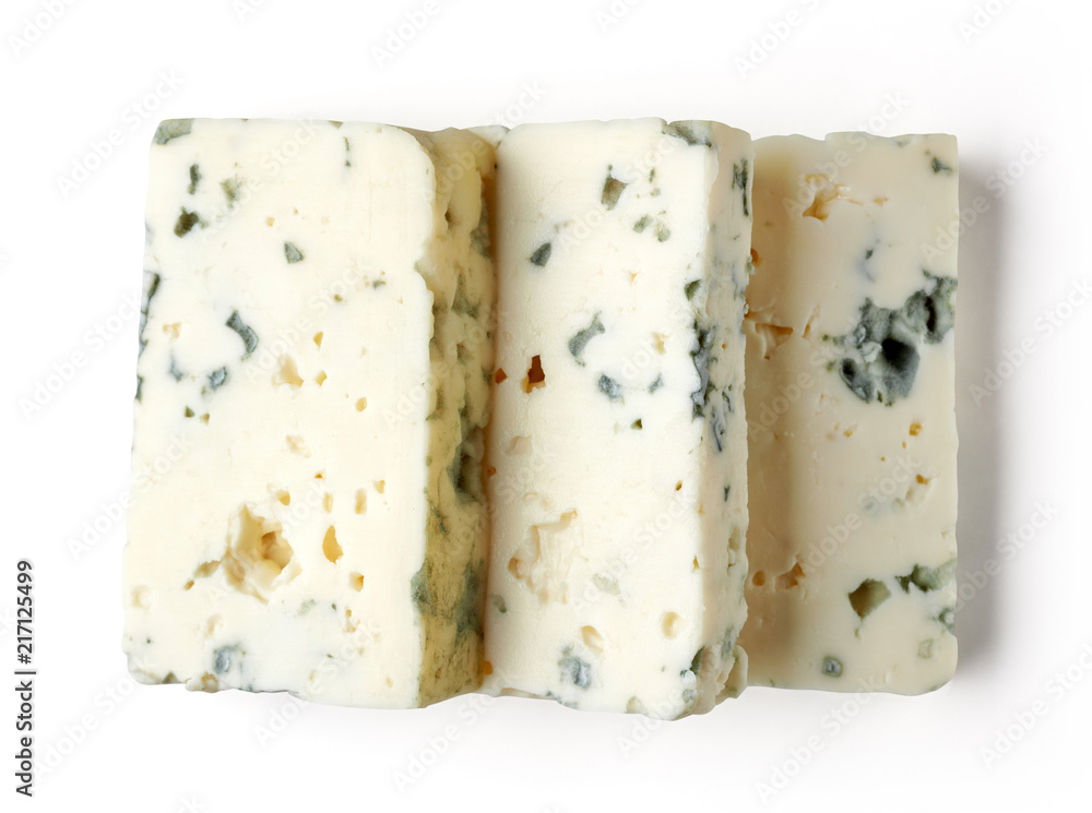 Blue cheese slices isolated on white, from above