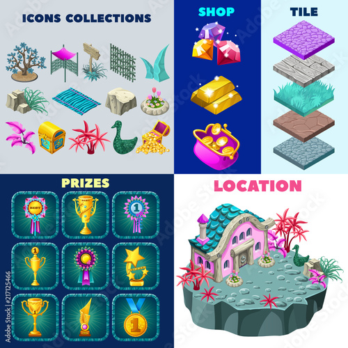 Isolated vector elements for computer game. 3d isometric building on island. Collection icons landscape design, prizes, rewards, winner cups, game trophy, money, rosette awards, tiles, chests.