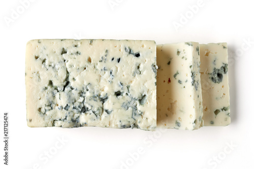 Blue cheese slices isolated on white, from above