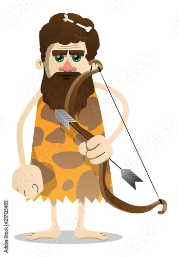 Cartoon old caveman with a bow and arrow. Vector illustration of a man from the stone age.