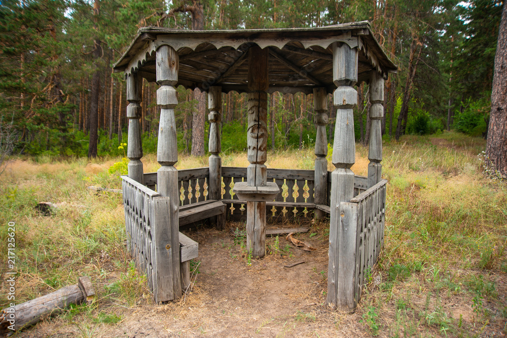 Place for tourists in the forest, a large old wooden gazebo Stock Photo |  Adobe Stock