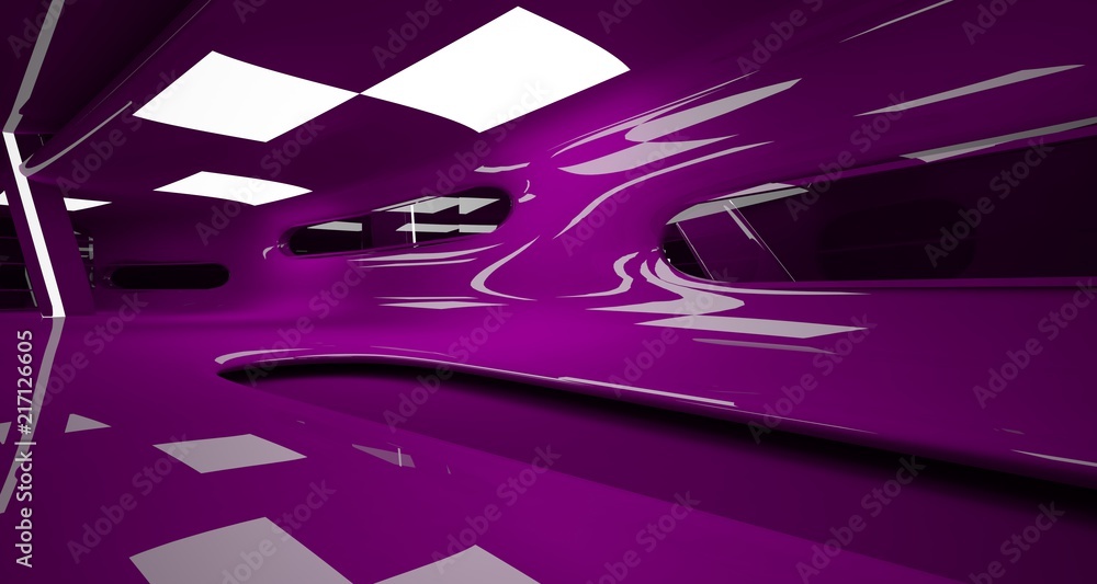 Obraz premium Abstract interior of the future in a minimalist style with violet sculpture. Night view . Architectural background. 3D illustration and rendering