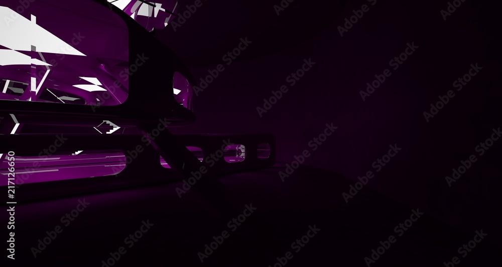 Abstract interior of the future in a minimalist style with violet sculpture. Night view . Architectural background. 3D illustration and rendering Abstract interior of the future in a minimalist style with violet sculpture. Night view . Architectural background. 3D illustration and rendering