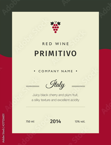 Red wine labels. Vector premium template set. Clean and modern design. Italy red wine label Primitivo.