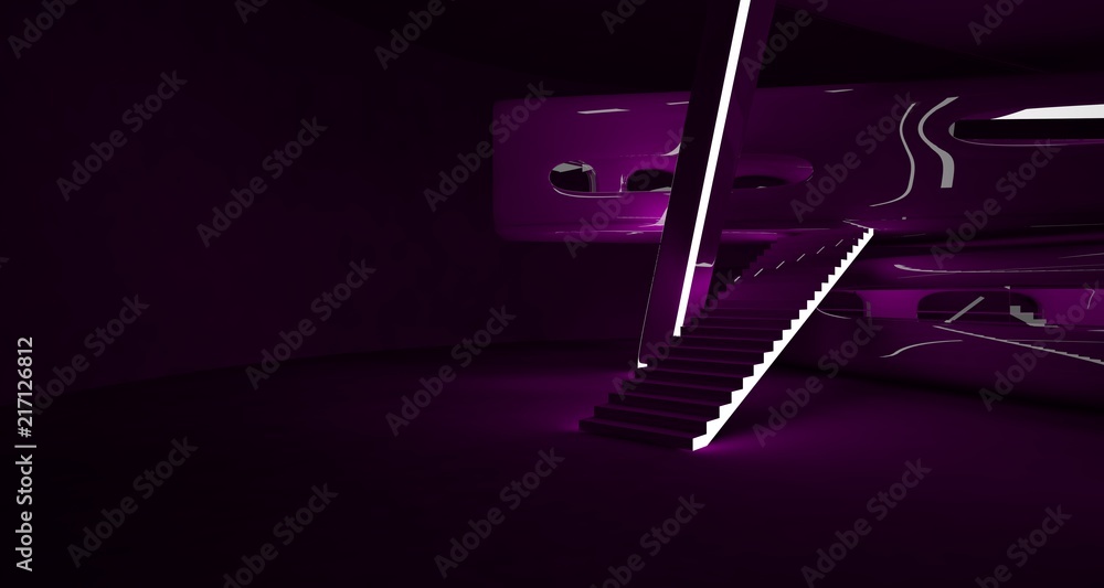 Abstract interior of the future in a minimalist style with violet sculpture. Night view . Architectural background. 3D illustration and rendering Abstract interior of the future in a minimalist style with violet sculpture. Night view . Architectural background. 3D illustration and rendering