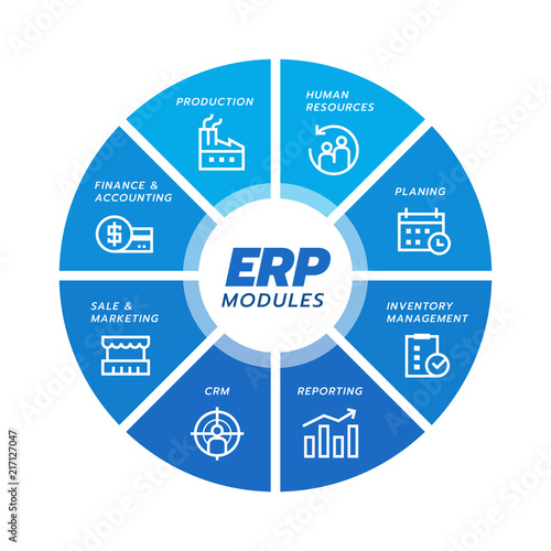 Enterprise resource planning (ERP) module icon Construction on blue circle flow chart  art vector design
