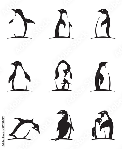 collection of black penguin icons isolated on white background