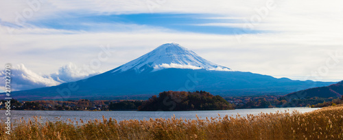 Fuji mountain and Kawaguchiko lake at sunset Autumn seasons Fuji mountain at yamanachi in Japan.Panorama view landscape.