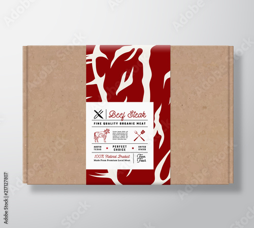 Premium Quality Beef Steak Craft Cardboard Box. Abstract Vector Meat Paper Container with Label Cover. Packaging Design. Modern Typography and Hand Drawn Cow Silhouette Background Layout.