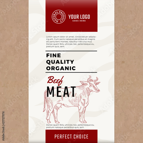 Fine Quality Organic Beef. Abstract Vector Meat Packaging Design or Label. Modern Typography and Hand Drawn Cow Silhouette. Craft Paper with Meat Texture Background Layout