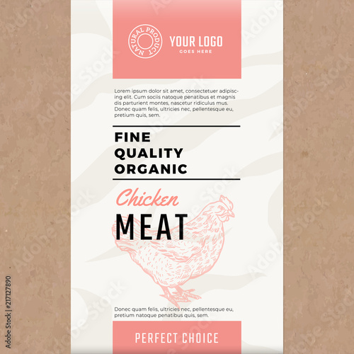 Fine Quality Organic Chicken. Abstract Vector Meat Packaging Design or Label. Modern Typography and Hand Drawn Hen Silhouette. Craft Paper with Meat Texture Background Layout