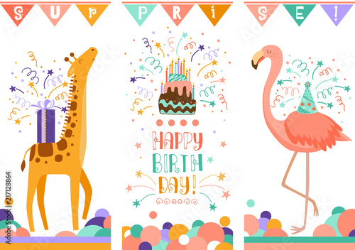 Happy birthday greeting cards. Doodle cute animals vector illustration
