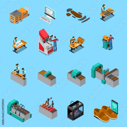 Footwear Factory Isometric Icons Set