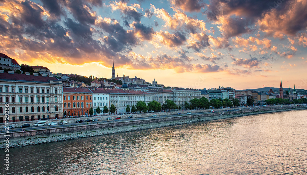Riverbank of Budapest in sunset